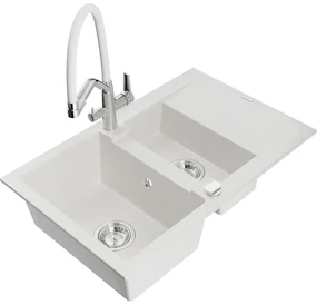 Mexen Gaspar Chiuvetă de granit de 1,5 compartiment cu picurător și baterie de bucătărie Duo, Albă - 6507-20-671701-02