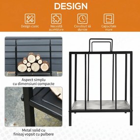 Outsunny Suport pentru Lemne pentru Interior și Exterior cu 2 Mânere, 44,5x33x46,5 cm, Negru | Aosom Romania