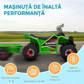 HOMCOM ATV Electric pentru Copii cu Remorcă, Pedală, Mers Înainte și Înapoi, 2,5 km/h, 18-36 Luni, Verde | Aosom Romania