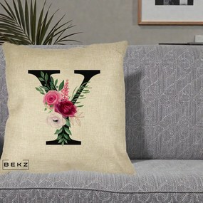 Cadou Personalizat - Perna Personalizata Monograma Florala Litera Y cu Buchet, 40x40 cm, Crem, Husa Detasabila, Perna Inclusa, BEKZ®