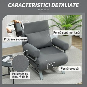 HOMCOM Fotoliu Pat 3 în 1 cu Spătar Reclinabil pe 5 Nivele, din Țesătură Efect de In, 73x78x81 cm, Gri Închis | Aosom Romania