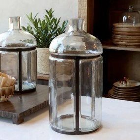 Vas decorativ din sticlă transparentă vintage, cu decor alamă antichizată, 38x18 cm, „Old French"