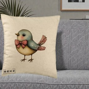 Perna Decorativa Pasare Bleu cu Fundita Rosie, 40x40 cm, Bej, Husa Detasabila, Perna Inclusa, BEKZ®