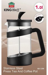 Presa de cafea franceza Kinghoff KH 1399, 1 l, Bol de sticla, Negru