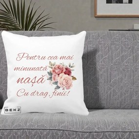 Cadou pentru Nasa - Perna Personalizata Pentru Cea mai Minunata Nasa Cu drag Finii, 40x40 cm, Alba Mata, Husa Detasabila, Perna Inclusa, BEKZ®