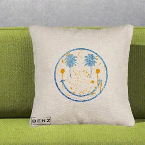 Perna Decorativa Smiley Face Tropical Albastru Glitter si Portocaliu, 40x40 cm, Bej Canapea, Husa Detasabila, Perna Inclusa, BEKZ®
