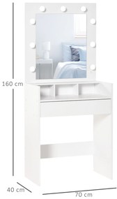 HOMCOM Masuta de Toaleta pentru Camera cu Oglinda 9 Lumini LED, Masa de Machiaj cu Sertar si Compartimente Deschise 70x40x160cm, Alb