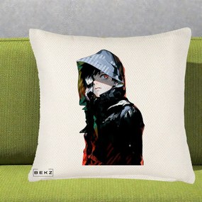 Perna Personalizata Tokyo Ghoul Ken Kaneki cu Masca si Gluga, 40x40 cm, Crem Reliefat, Husa Detasabila, Perna Inclusa, BEKZ®