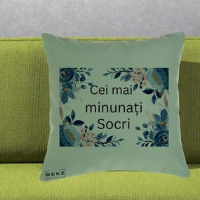 Cadou pentru Socri - Perna Personalizata Cei mai Minunati Socri cu Flori Albastre si Roz, 40x40 cm, Verde, Husa Detasabila, Perna Inclusa, BEKZ®
