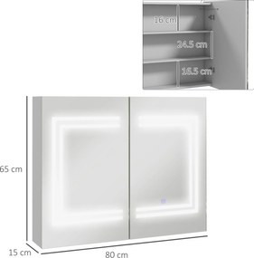 kleankin Oglindă Baie cu Dulap și LED, 80 x 65cm, Ușă Soft Close, Reglabilă pe 3 Culori, Rafturi Ajustabile, Alb Lucios | Aosom Romania
