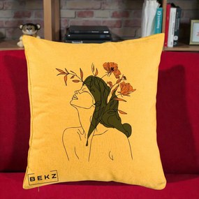 Perna Decorativa Portret Feminin Profil Flori Portocalii, 40x40 cm, Galben, Husa Detasabila, Perna Inclusa, BEKZ®