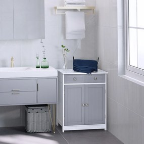 kleankin Mobilier de baie pe picior, dulap de baie 2 uși 2 sertare 60 x 30 x 75 cm gri și alb | Aosom Romania