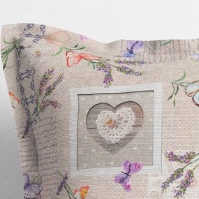 Goldea față de pernă cu tiv decorativ loneta - inimioare cu fluturi și lavandă pe bej 30 x 50 cm