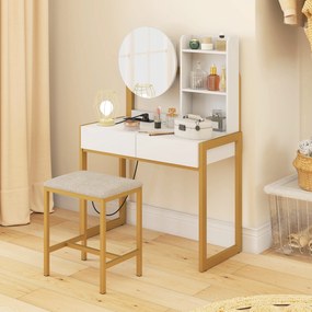 HOMCOM Masă de machiaj cu oglindă și taburet, stație de încărcare, masă de machiaj cu 2 sertare, 3 rafturi deschise, alb | Aosom Romania
