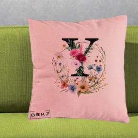 Cadou Personalizat - Perna Personalizata Monograma Florala Litera Y cu Coroana, 40x40 cm, Roz, Husa Detasabila, Perna Inclusa, BEKZ®