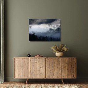 Tablou pe sticlă cu ceță deasupra pădurii (70x50 cm)