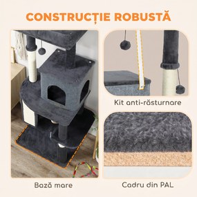 PawHut Ansamblu Multinivel pentru Pisici, 132 cm, cu Căsuță, Culcuș, Stâlpi de Zgâriat, Perie și Minge, Gri Închis | Aosom Romania