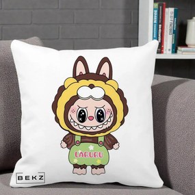 Perna Personalizata Labubu Leu Galben cu Salopeta, 40x40 cm, Alba Mata, Husa Detasabila, Perna Inclusa, BEKZ®