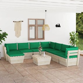 Set mobilier gradina din paleti cu perne, 9 piese, lemn molid Verde, 3x colt + 4x mijloc + masa + suport pentru picioare, 1