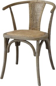Scaun dining cu brațe împletit din ratan, răchită și lemn de hevea, bej, cu spătar arcuit prelungit în brațe, finisaj patinat, Î 79 x A 45 cm, „Ninon”