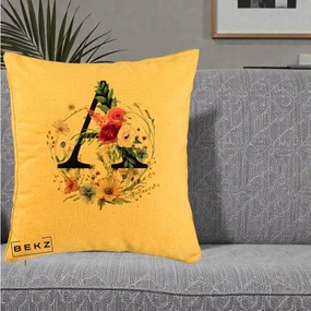 Cadou Personalizat - Perna Personalizata Monogram Litera A cu Flori Acuarela, 40x40 cm, Galben, Husa Detasabila, Perna Inclusa, BEKZ®