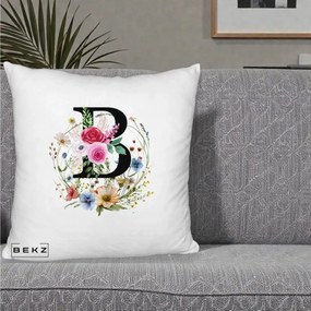 Cadou Personalizat - Perna Personalizata Monogram Litera B cu Flori Acuarela, 40x40 cm, Alb Pufos, Husa Detasabila, Perna Inclusa, BEKZ®