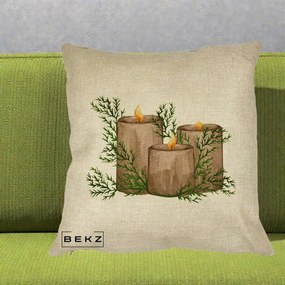 Perna Decorativa Lumanari Rustice cu Crengute Brad, 40x40 cm, Crem, Husa Detasabila, Perna Inclusa, BEKZ®