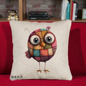 Perna Decorativa Pasare Patchwork Roz cu Floare, 40x40 cm, Bej Canapea, Husa Detasabila, Perna Inclusa, BEKZ®