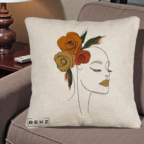 Perna Decorativa Portret Feminin Trandafiri Ruginii, 40x40 cm, Bej Canapea, Husa Detasabila, Perna Inclusa, BEKZ®