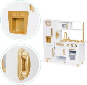 Bucătărie din lemn pentru copii în alb și auriu