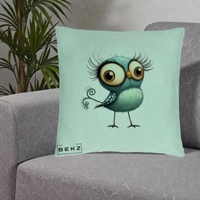 Perna Decorativa Pasare Teal cu Gene si Coada Spiralata, 40x40 cm, Verde Menta, Husa Detasabila, Perna Inclusa, BEKZ®