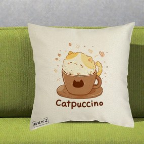 Perna Decorativa Catpuccino Pisica Cappuccino, 40x40 cm, Ecru, Husa Detasabila, Perna Inclusa, BEKZ®