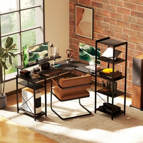 HOMCOM Birou în formă de L cu Stație de Încărcare, Birou de colț pentru calculator cu Suport pentru Monitor și Rafturi, pentru biroul acasă, birou, Negru | Aosom Romania