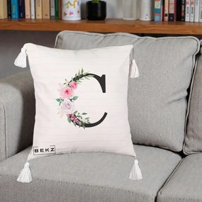 Cadou Personalizat - Perna Personalizata Monograma Florala Litera C, 40x40 cm, Bej cu Franjuri, Husa Detasabila, Perna Inclusa, BEKZ®