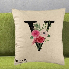 Cadou Personalizat - Perna Personalizata Monograma Florala Litera V cu Buchet, 40x40 cm, Bej, Husa Detasabila, Perna Inclusa, BEKZ®