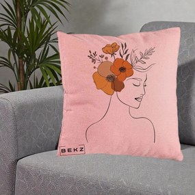 Perna Decorativa Portret Feminin Flori Galbene-Portocalii, 40x40 cm, Roz, Husa Detasabila, Perna Inclusa, BEKZ®