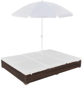 vidaXL Pat șezlong de exterior cu umbrelă, maro, poliratan