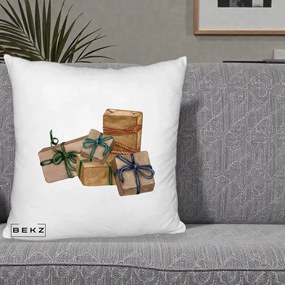 Perna Decorativa Cadouri de Craciun Kraft, 40x40 cm, Alb Pufos, Husa Detasabila, Perna Inclusa, BEKZ®