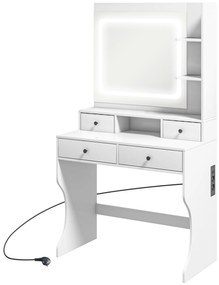 HOMCOM Masă de Toaletă cu Oglindă Iluminată LED, Masă de Machiaj cu Stație de Încărcare, 4 sertare și rafturi de depozitare, 90x45x160 cm, Alb