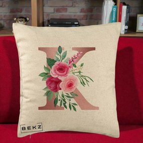Cadou Personalizat - Perna Personalizata Monograma Rose Gold Litera K, 40x40 cm, Bej, Husa Detasabila, Perna Inclusa, BEKZ®