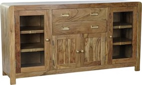 Bufet din lemn de acacia în stil campaign, natur, cu 2 uși vitrate, 2 uși cu panouri, 2 sertare și mânere încastrate, lungime 150 cm, „Amara”