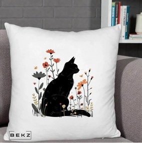 Perna Decorativa Pisica Neagra Profil Flori Portocalii, 40x40 cm, Alb Pufos, Husa Detasabila, Perna Inclusa, BEKZ®