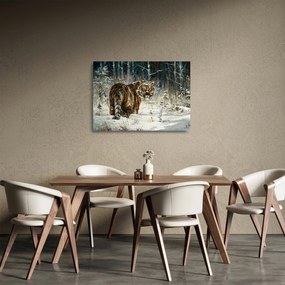 Tablou pe sticlă - Tigru într-o pădure înzăpezită, pictură în ulei (70x50 cm)