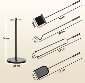 Outsunny Set Accesorii Camino 5 Piese cu Lopată Perie Clești Fier Împins Suport Economisire Spațiu Metal Negru | Aosom Romania