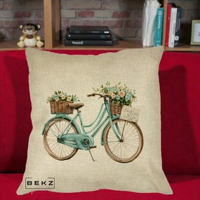 Perna Decorativa Bicicleta Teal cu Cosuri Duble de Flori Vintage, 40x40 cm, Crem, Husa Detasabila, Perna Inclusa, BEKZ®