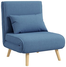 HOMCOM Fotoliu chauffeuse convertibil 3-în-1 pat/fotoliu 1 loc spătar 5 poziții din material textil cu pernă, albastru | Aosom Romania