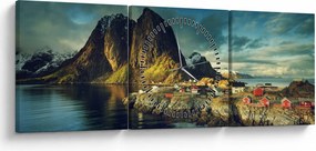 Tablou cu sat de pescari din Norvegia (cu ceas) (90x30 cm)