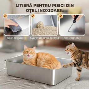 PawHut Litieră închisă pentru pisici de 80L cu tavă detașabilă, din ABS și oțel inoxidabil, 63x43x43 cm, gri deschis | Aosom Romania