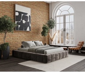 Pat matrimonial maro tapițat cu spațiu de depozitare cu somieră 200x200 cm Aruba L – Maison de Rêve