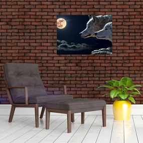 Tablou pe sticlă cu lupi în lună (70x50 cm)